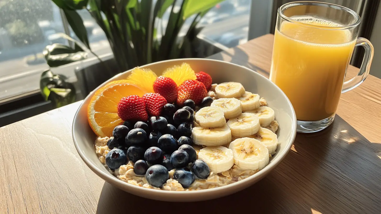 Assiette de petit-déjeuner équilibré avec avoine, fruits frais et café fumant