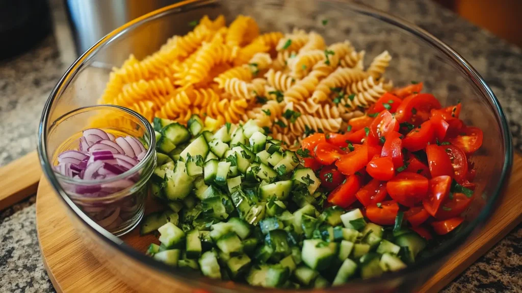 Étapes de préparation de la salade de pâtes avec des légumes frais et une vinaigrette maison.