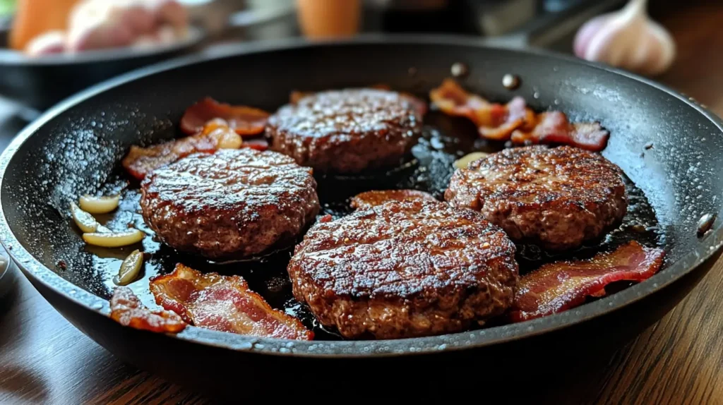Cuisson du bacon croustillant et des galettes de bœuf dans une poêle.