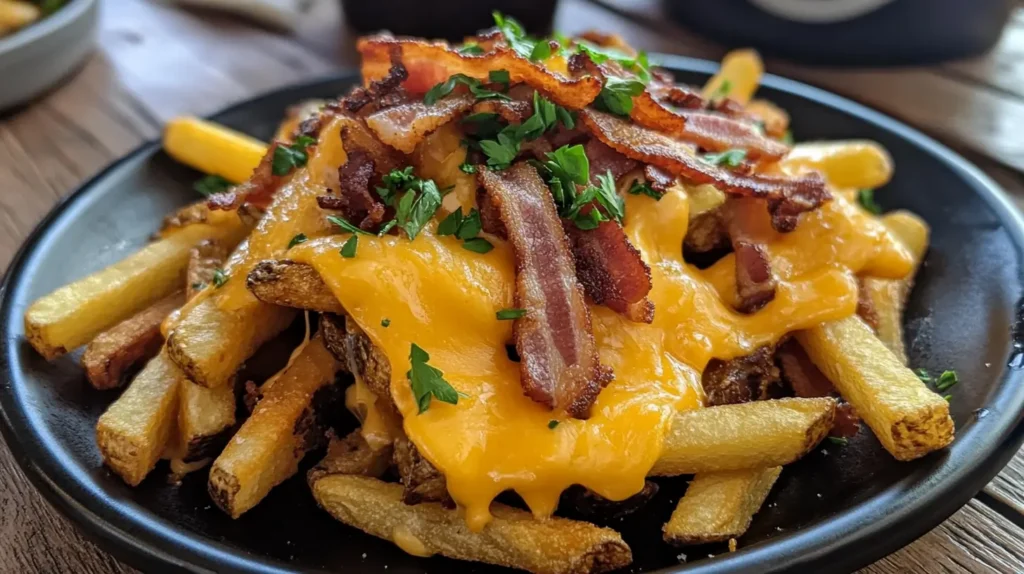 Frites au fromage et bacon gourmand parfaitement présentées.