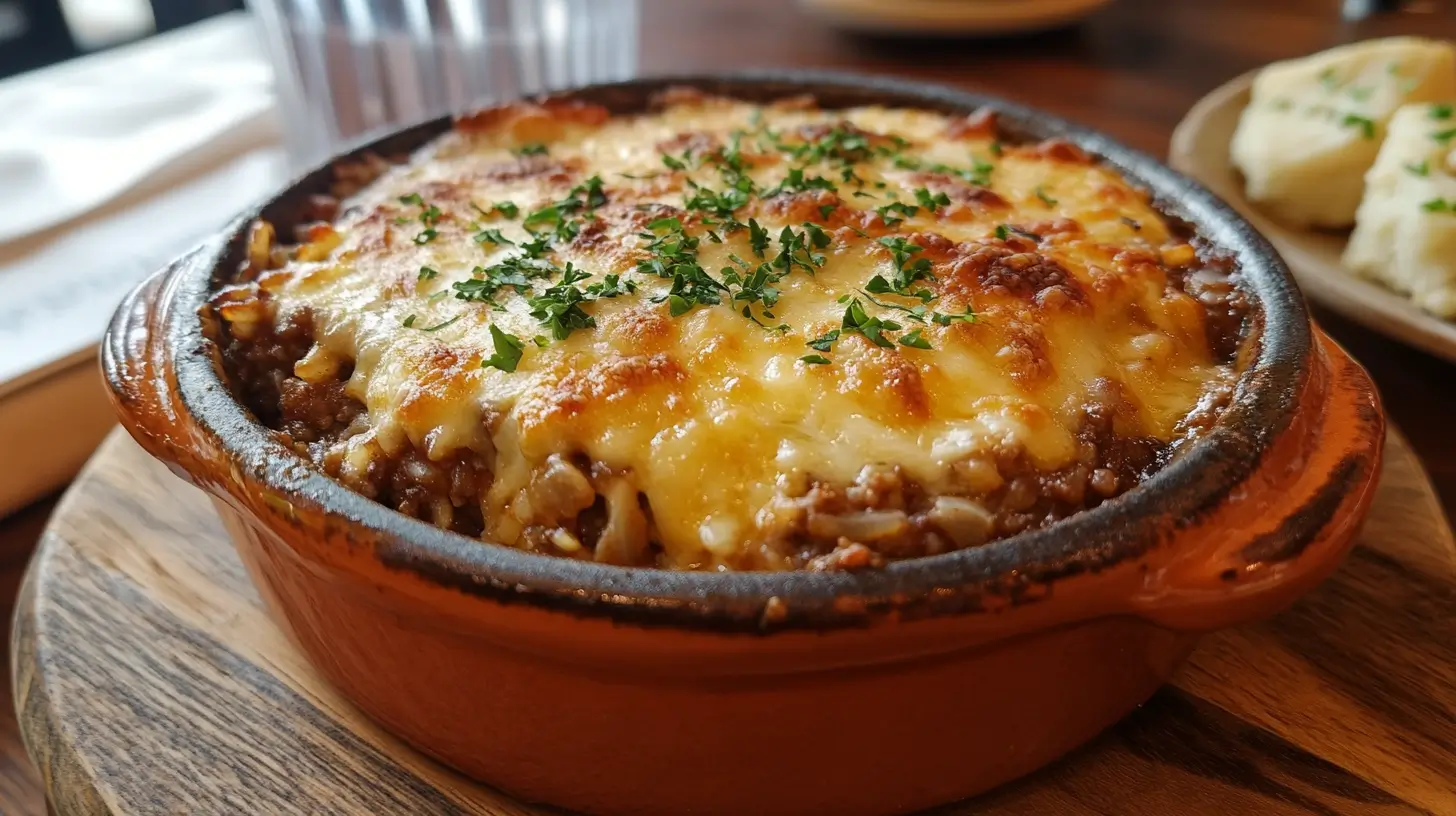 Casserole de bœuf haché et riz à l'oignon dorée et savoureuse.