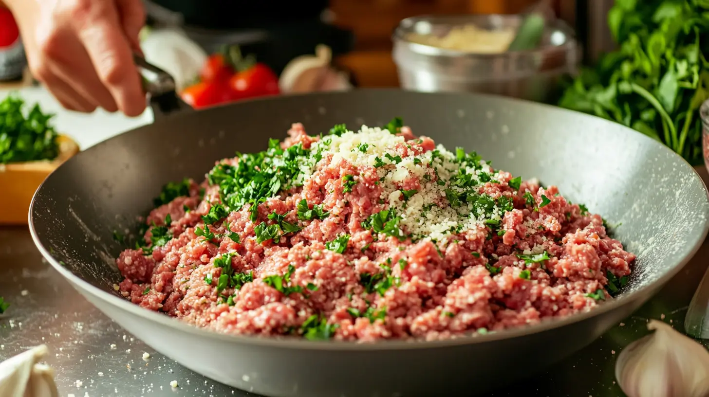 Étapes de préparation des boulettes de bœuf dans un bol avec des ingrédients frais.