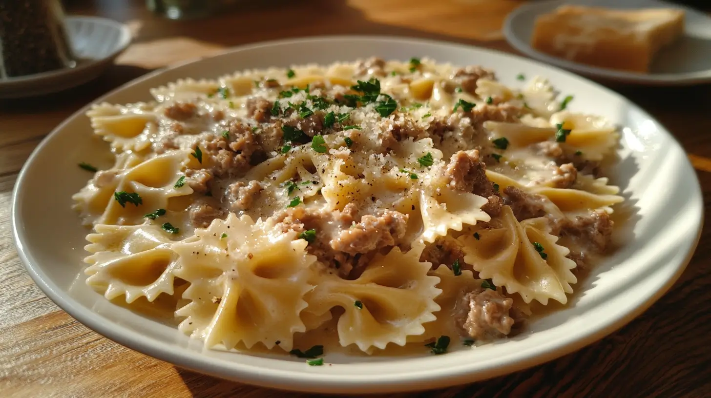 Plat de pâtes papillon à la viande hachée avec sauce crémeuse, servi dans une assiette blanche.