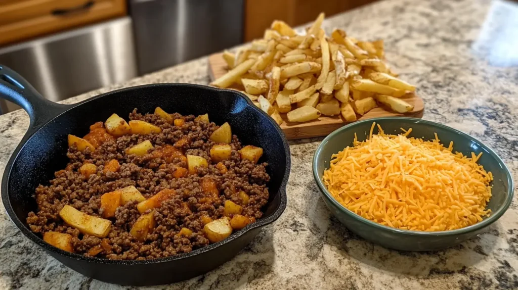 Étapes de préparation des frites maison et du bœuf.