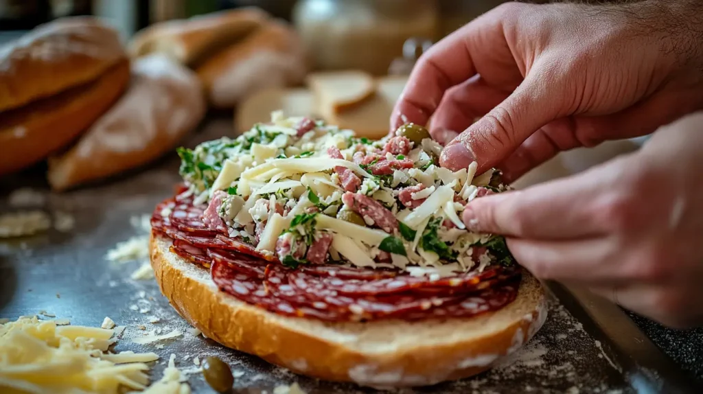 Étapes de préparation du Muffaletta avec charcuteries et salade d'olives.
