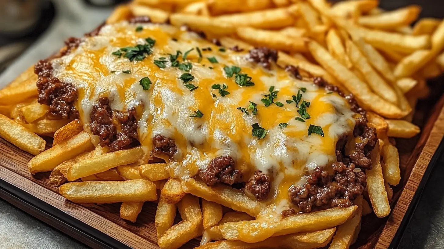 Frites au bœuf et fromage croustillantes avec fromage fondu.