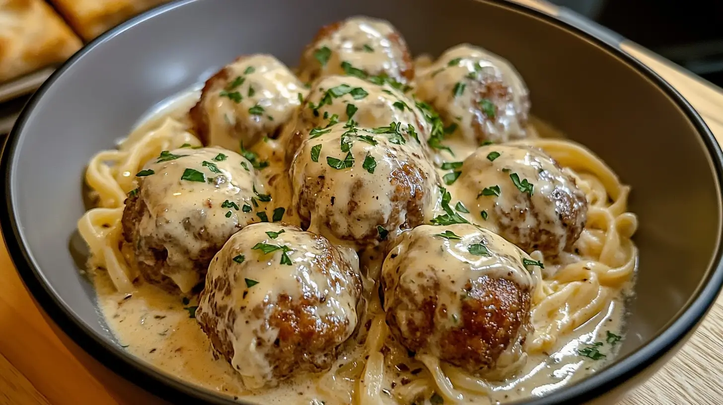 Boulettes de viande sauce Roquefort crémeuse.