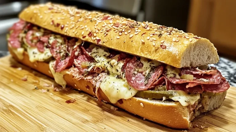 Sandwich Italien Géant "Muffaletta" fraîchement préparé avec des couches de charcuteries et fromages fondants.