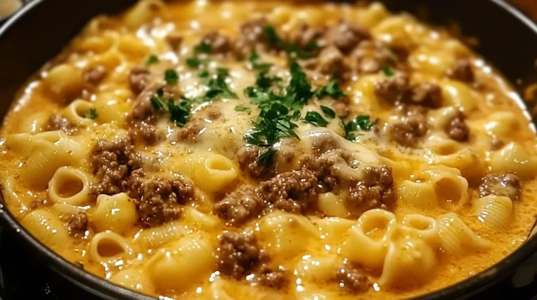 Casserole de coquilles au bœuf crémeux dorée au four avec fromage râpé