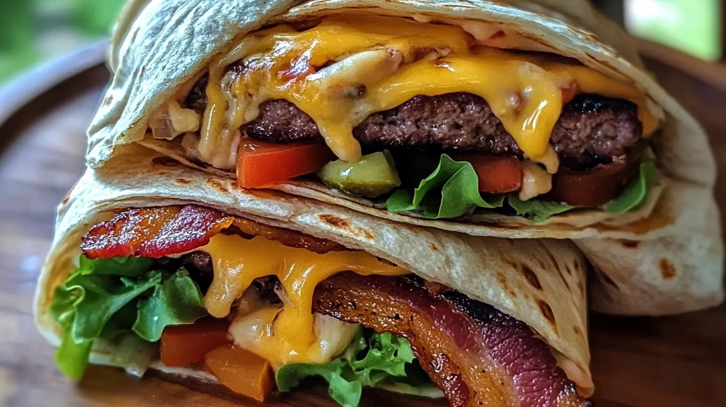 Wraps garnis de galettes de bœuf, fromage fondant, bacon croustillant, et légumes frais.