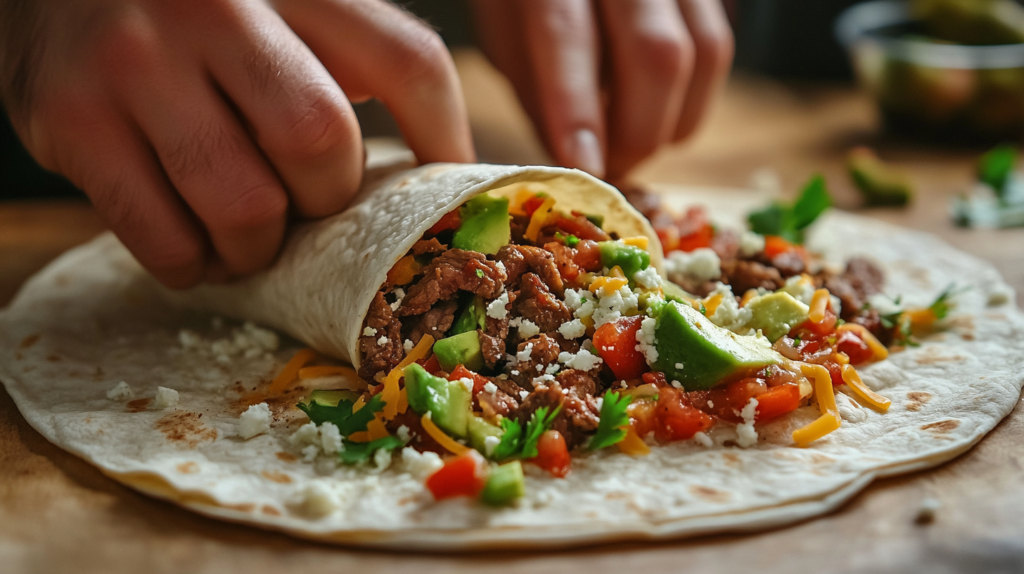 Étape d’assemblage d’un burrito avec viande, légumes et fromage