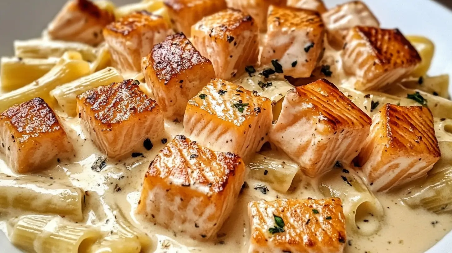 Rigatoni Crémeux à l’Ail avec Bouchées de Saumon Saisies