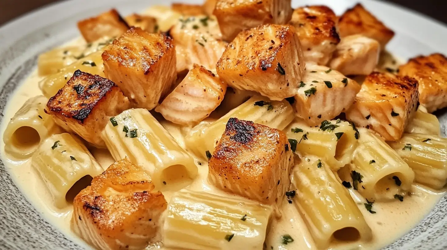 Rigatoni Crémeux à l’Ail avec Bouchées de Saumon Saisies