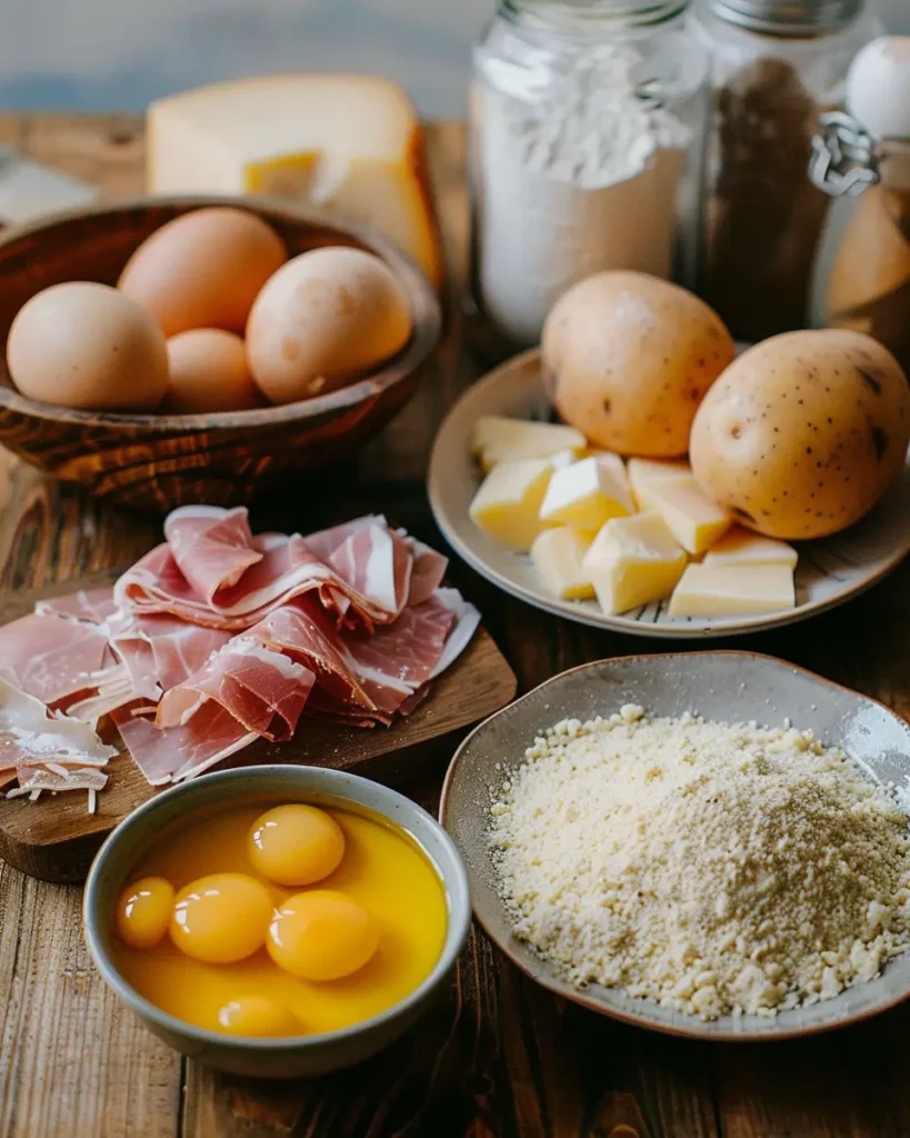 Ingredients for crispy ham and cheese bombs on a table