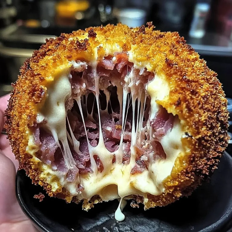Close-up of a crispy ham and cheese bomb with melted cheese stretching