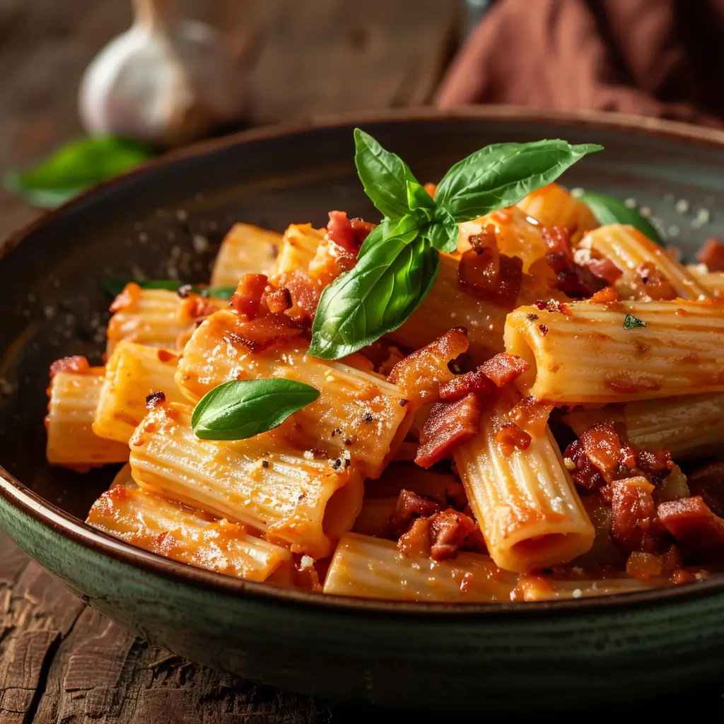 Paccheri à la tomate crémée avec pancetta croustillante servie dans une assiette rustique