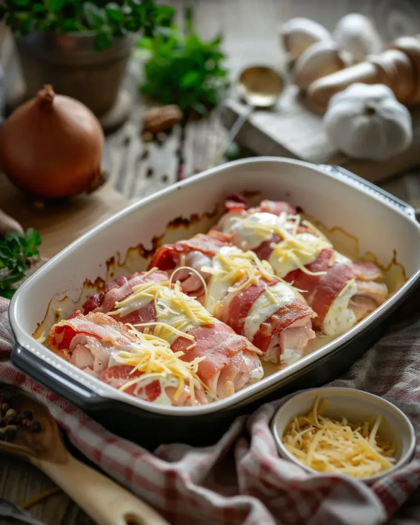 Filets de poulet enroulés de bacon et garnis de fromage avant cuisson