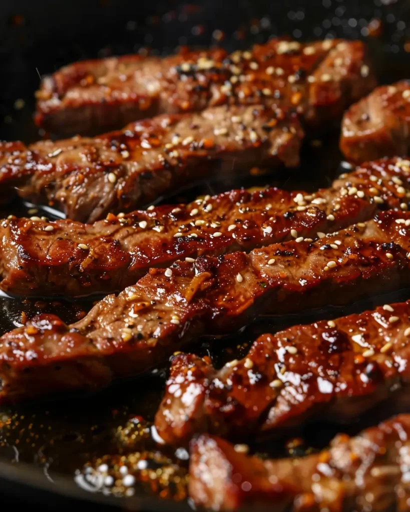 Lamelles de steak saisies dans une poêle avec sauce BBQ miel