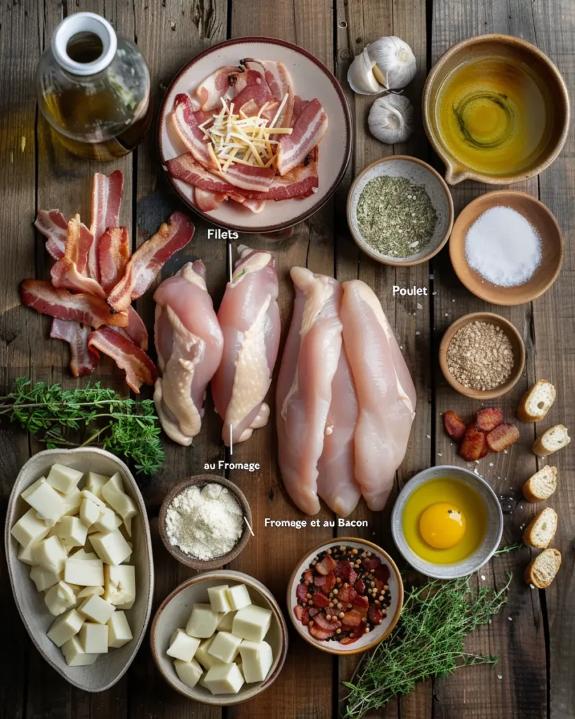 Ingrédients pour filets de poulet au fromage et au bacon sur table en bois