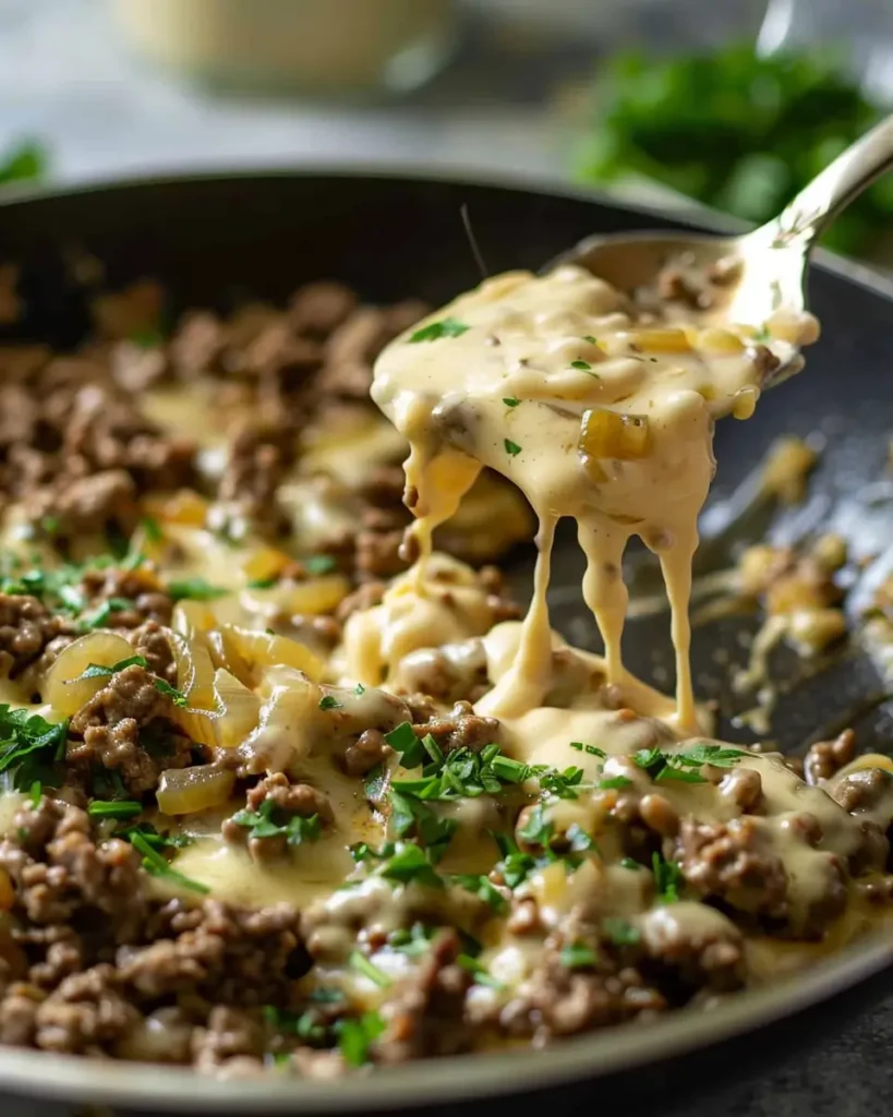 Sauce au fromage et bœuf haché en train de mijoter