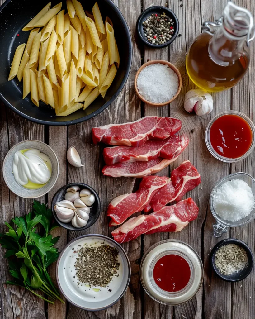 Ingrédients de la recette de pâtes au steak et sauce BBQ miel