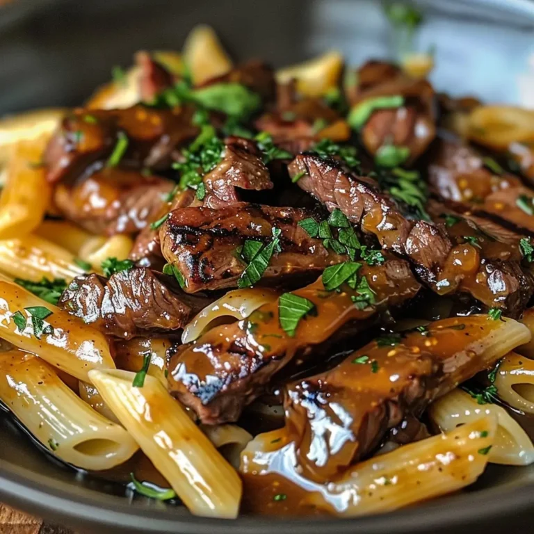 Pâtes au steak BBQ miel fumé servies avec une sauce brillante